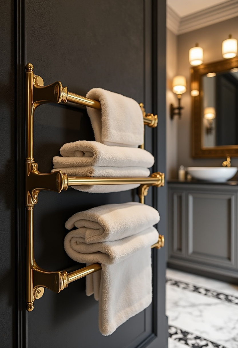 Indulge in luxury with gold towel racks, plush white towels, and a dark, moody backdrop. This bathroom is a masterclass in modern elegance.
#LuxuryBathroom #GoldBathroomFixtures #PlushTowels #ElegantBathroomStyle #DarkBathroomDesign