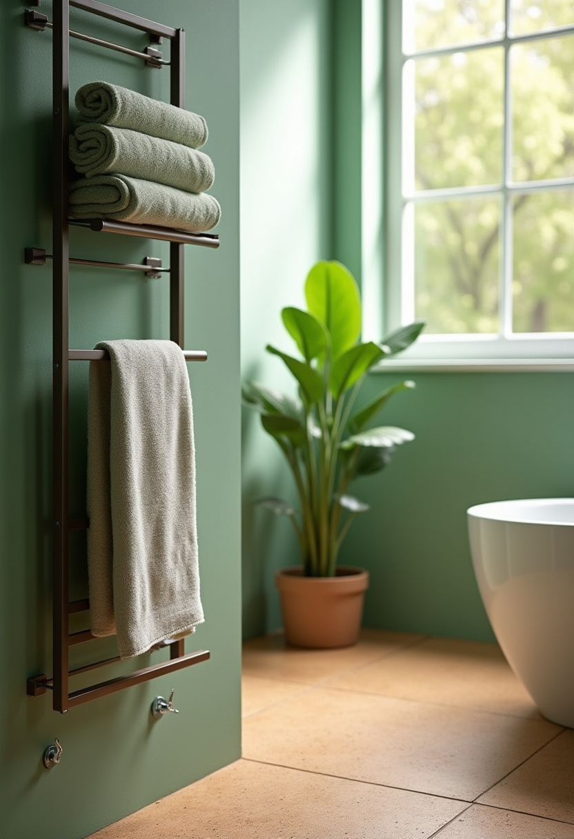 Fresh and calming, this green bathroom features a sleek towel rack, potted plants, and a view of trees outside. A perfect retreat for nature lovers.
#GreenBathroom #ModernTowelRack #BathroomWithPlants #TranquilBathroom #NatureInspiredDesign
