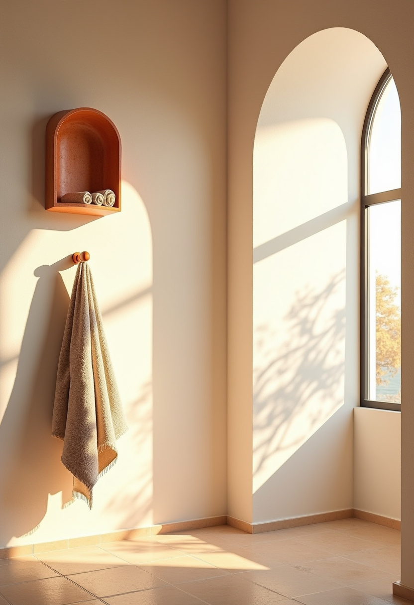 Soft light filters through a tall arched window in this serene bathroom. Rolled towels and wall pegs add charm and warmth to the peaceful ambiance.
#SereneBathroom #TowelPegRack #ArchedWindowBathroom #WarmBathroomDesign #CozyBathIdeas