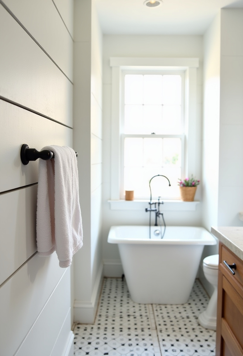 Shiplap walls, a towel rod, and a mosaic floor bring cottage charm to this bright, airy bathroom. A freestanding tub completes the classic look.
#BrightBathroom #CottageBathroom #ShiplapWalls #MosaicTileDesign #ClassicBathroomStyle