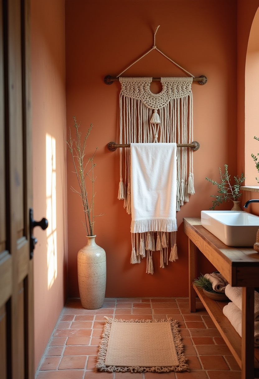 Earthy tones and rustic accents fill this cozy bathroom, where a towel hangs on a macramé piece above a wood counter and ceramic sink.
#RusticBathroom #MacrameTowelHolder #EarthTonedDecor #NaturalBathroomVibes #CozyBathroomInspo