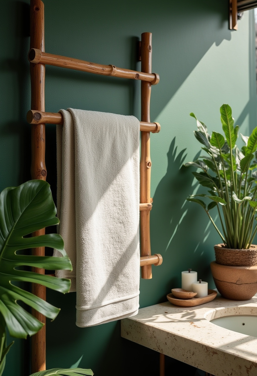 This tranquil bathroom showcases a bamboo towel rack on a deep green wall, paired with tropical plants and candles. A spa-like, serene setup.
#TropicalBathroom #BambooTowelRack #GreenWallDecor #SpaBathroomIdeas #SereneBathroomDesign