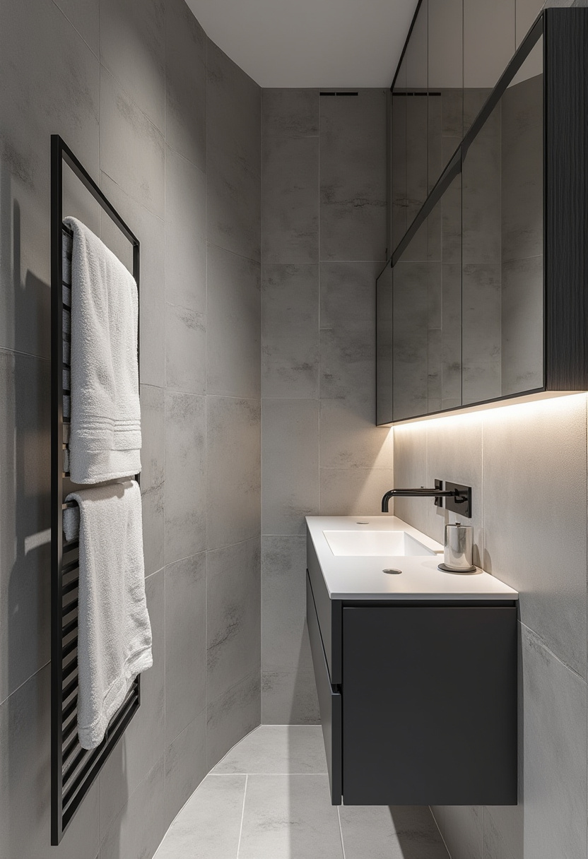 Minimalist and modern, this bathroom boasts gray tiles, a black vanity, and a towel rack holding crisp white towels—perfect for stylish simplicity.
#MinimalistBathroomDesign #GrayTiles #BlackVanity #ModernTowelRack #BathroomInspo