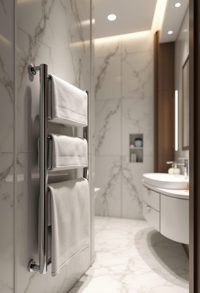 Opulent marble walls and floors surround a heated towel rack with white towels in this elegant bathroom. Bright and luxurious in every detail.
#MarbleBathroom #HeatedTowelRack #LuxuryBathroomStyle #ElegantInterior #WhiteTowelLook