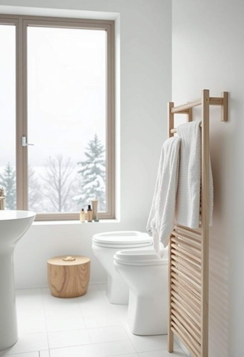 This bright bathroom pairs white fixtures with a wooden towel rack and snowy views through a large window. A clean, peaceful winter escape.
#MinimalBathroom #WoodAndWhiteStyle #SnowyBathroomView #ScandinavianBathroom #PeacefulDesign