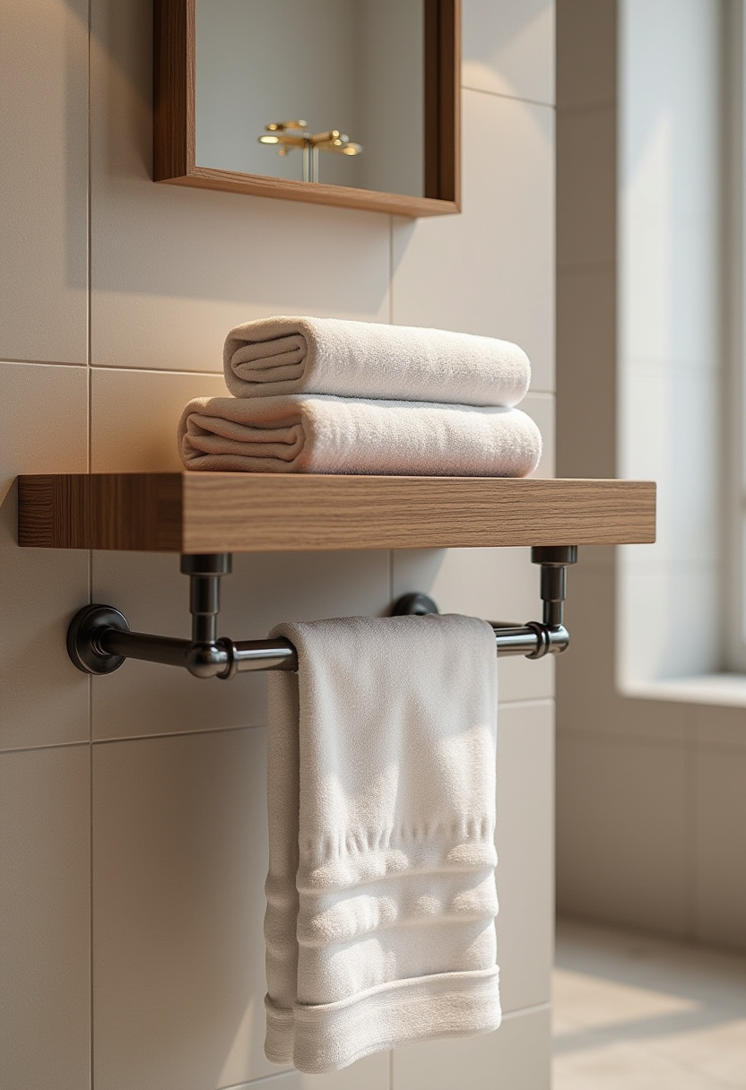 Soft lighting and natural wood create warmth in this elegant bathroom scene. A towel bar beneath a wooden shelf keeps white towels within easy reach.
#ElegantBathroom #WoodShelfDecor #WarmBathroomVibes #TowelStorageIdeas #CozyBathroomLook