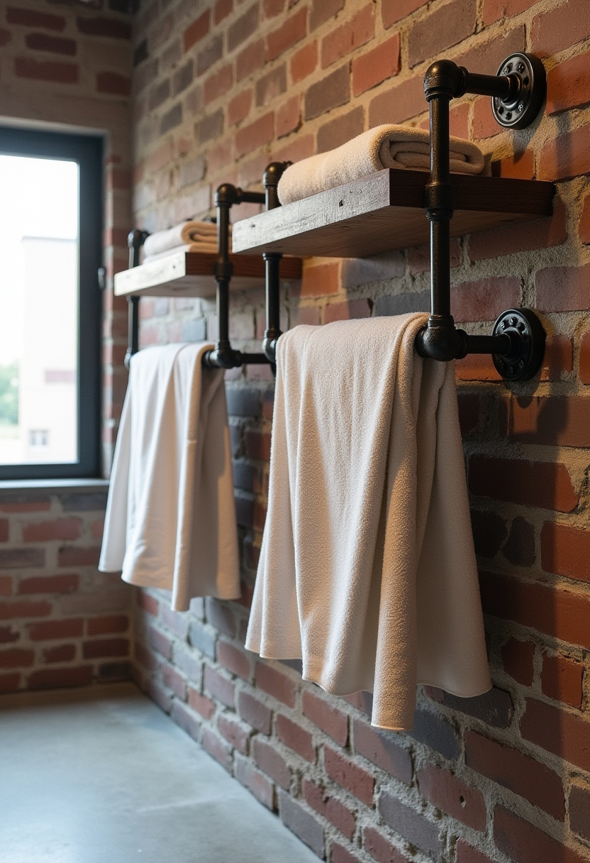 Industrial charm meets cozy comfort in this bathroom with exposed brick, metal-and-wood towel racks, and warm light from a nearby window.
#IndustrialBathroom #BrickWallDesign #TowelRackInspo #RusticModernStyle #BathroomWithCharacter
