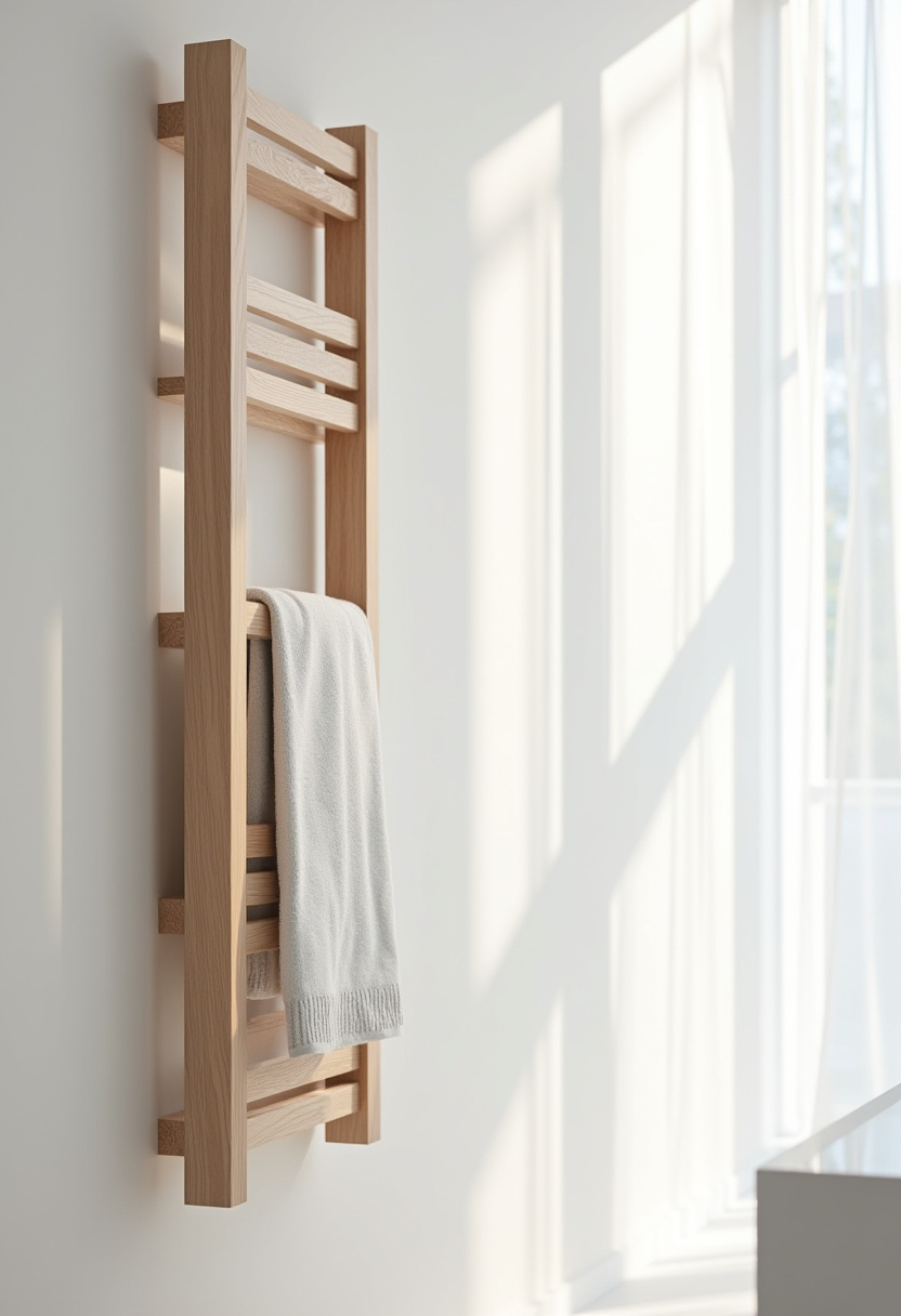 Minimalism shines in this sunlit scene featuring a simple wooden towel rack on a clean white wall. Soft shadows and a single towel evoke serene beauty.
#MinimalBathroom #WoodTowelRack #SereneSpaces #WhiteBathroomDecor #SunlitBathroom