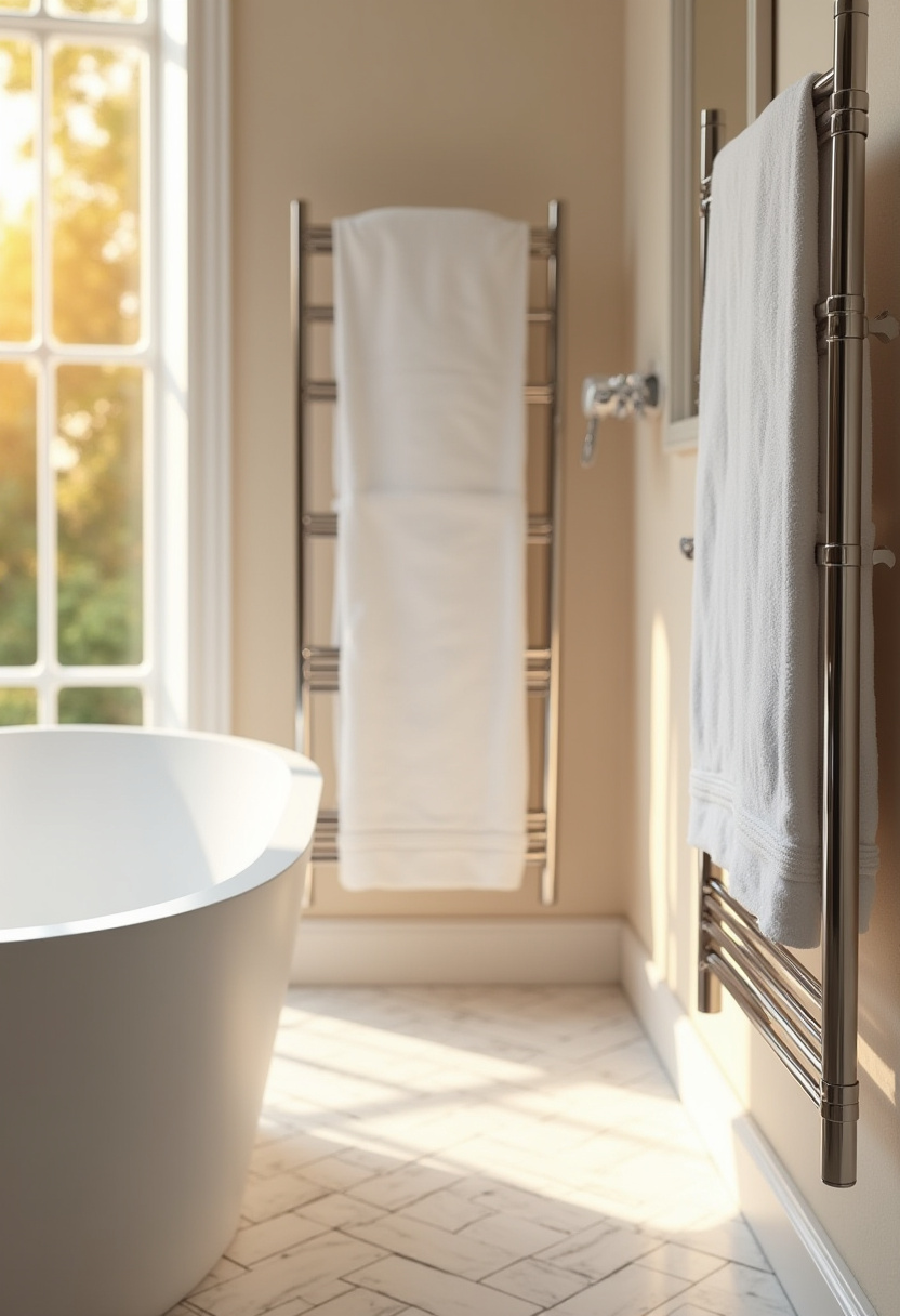 This elegant bathroom showcases a freestanding tub, chrome towel rack, and herringbone tiles. A balance of function and style perfect for modern homes.
#ElegantBathroomDesign #ChromeTowelRack #HerringboneTile #FreestandingTub #BathroomGoals