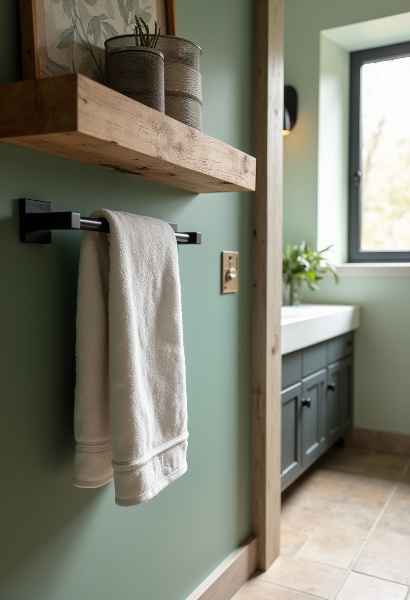 Soft green walls and a warm wooden shelf meet sleek black fixtures in this cozy bathroom. A perfect blend of rustic charm and modern edge.
#CozyBathroomDecor #GreenBathroom #WoodAndBlackBathroom #TowelRackStyle #NaturalBathroomVibe