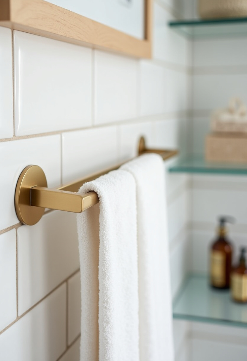 Gold touches elevate this white subway tile bathroom, where a simple towel bar and amber bottles add a timeless, elegant touch.
#WhiteTileBathroom #GoldTowelBar #ElegantBathroom #SubwayTileDesign #BathroomDetails