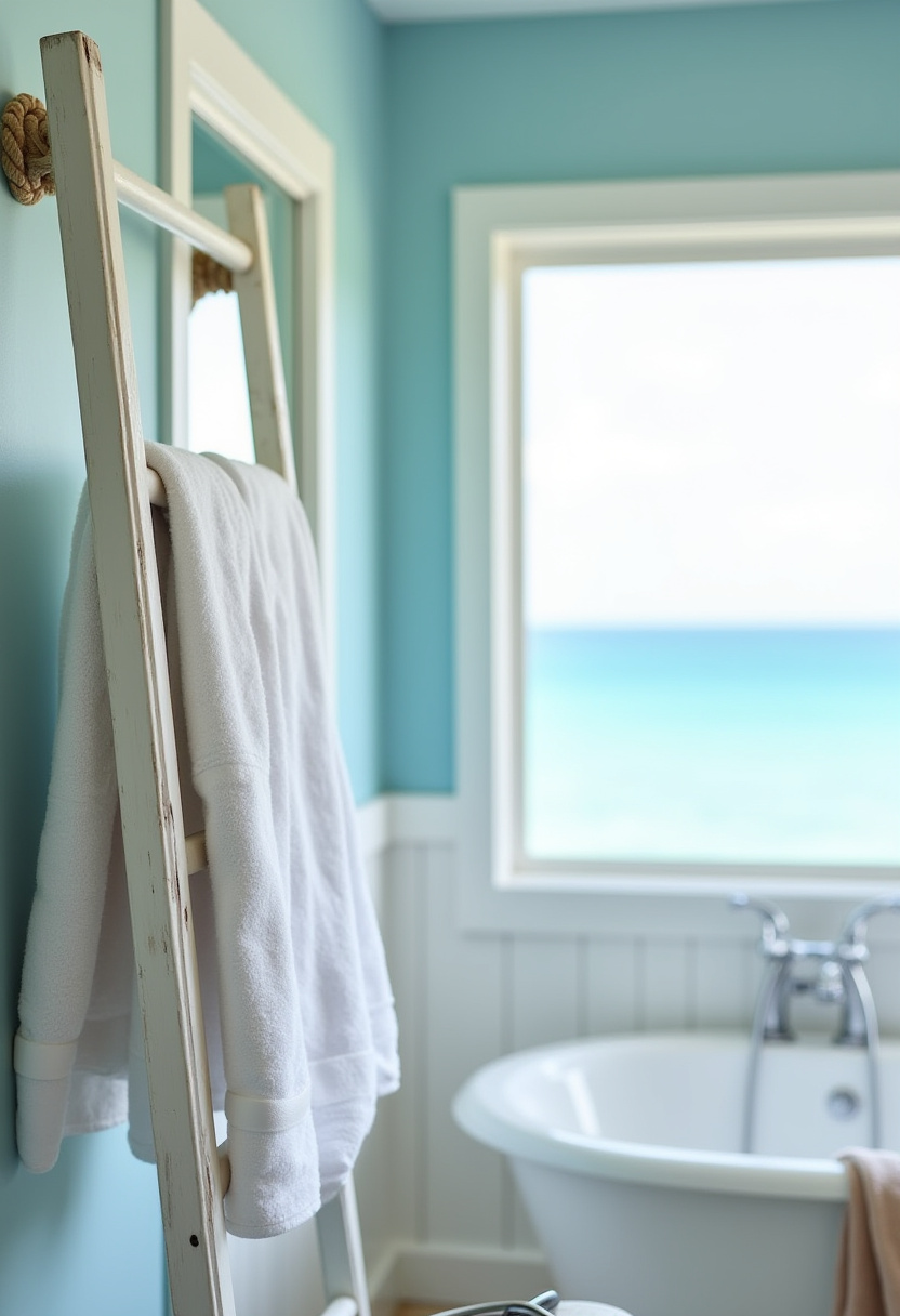 Capture ocean serenity with this light-filled bathroom. A rustic ladder holds a white towel beside a tub, while a view of the sea soothes the senses.
#BeachBathroomVibes #RusticTowelRack #OceanViewBathroom #FreestandingTubStyle #RelaxingBathroom