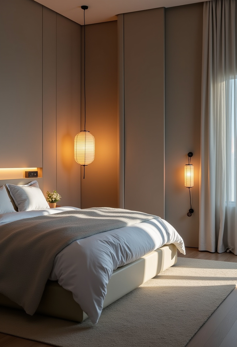 Breathe calm into your space with this modern bedroom featuring beige walls, soft lighting from elegant hanging lamps, and a cozy bed dressed in white linens and a gray blanket. Sunlight filters gently through sheer curtains, adding a soft, airy touch to this minimalist yet inviting retreat. Ideal for fans of modern bedroom decor, neutral interiors, and light-filled spaces. Pin this serene setup for your next bedroom refresh!
#ModernBedroom #NeutralDecor #MinimalistStyle #CozyInteriors #BedroomInspo #SoftLighting #PinterestHomeDecor