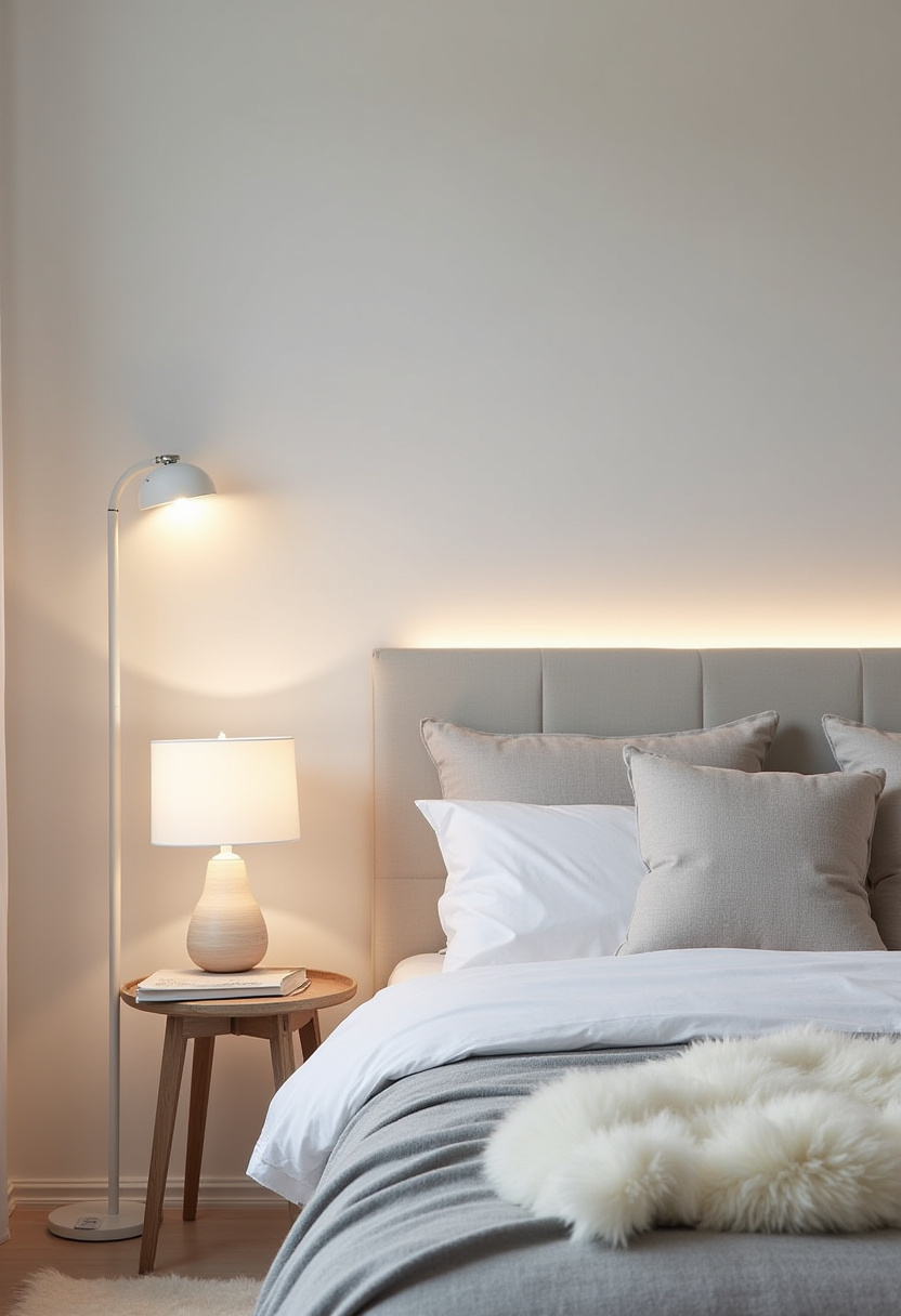 Create a soft, serene ambiance with this cozy bedroom featuring a beige headboard, crisp white bedding, and plush gray cushions. The wooden side table with a warm lamp and books, paired with a sleek floor lamp, adds both function and style to this tranquil space. Perfect for lovers of neutral tones, cozy bedroom decor, and peaceful interiors. Pin this calming setup for your next bedroom inspiration!
#CozyBedroom #NeutralDecor #SereneSpaces #BedroomInspo #WarmLighting #MinimalistStyle #PinterestHomeIdeas