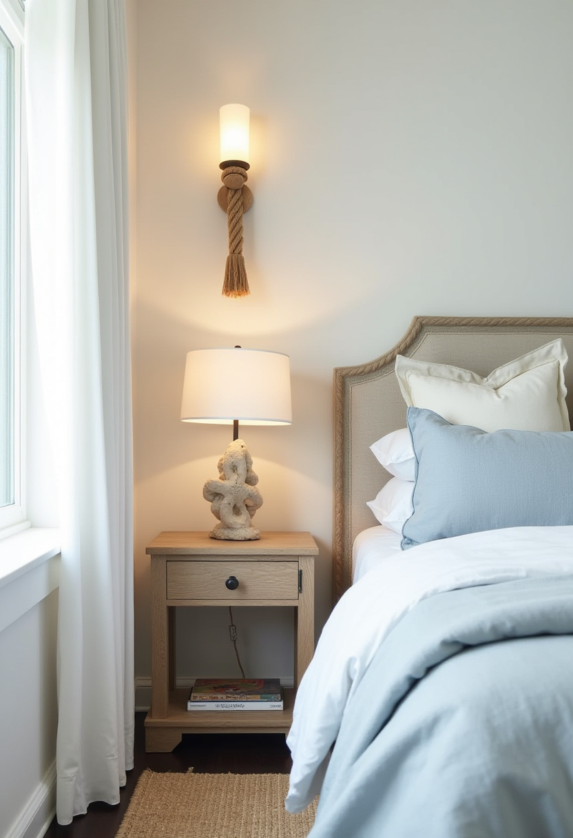 Create a serene coastal vibe with this cozy bedroom featuring a beige upholstered headboard, soft blue and white pillows, and warm wooden accents. The stone lamp and nautical wall sconce add just the right touch of seaside charm, making it perfect for lovers of coastal bedroom decor and tranquil interior design. This space blends comfort and style effortlessly. Save this pin for your next coastal-inspired bedroom makeover!
#CozyBedroom #CoastalDecor #NauticalStyle #BedroomInspo #BeachHouseVibes #NeutralInteriors #PinterestHomeIdeas