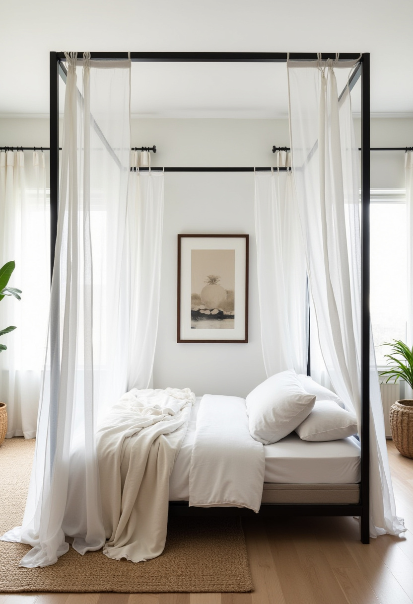 Create a serene sanctuary with this elegant bedroom featuring a four-poster bed draped in flowing white curtains and soft white bedding. The cozy beige throw adds warmth, while framed artwork on a light wall brings subtle sophistication. If you’re inspired by peaceful bedroom decor and timeless design, save this calming space for your next makeover!
#SereneBedroom #FourPosterBed #CozyThrows #ElegantBedroomDecor #PeacefulSpaces