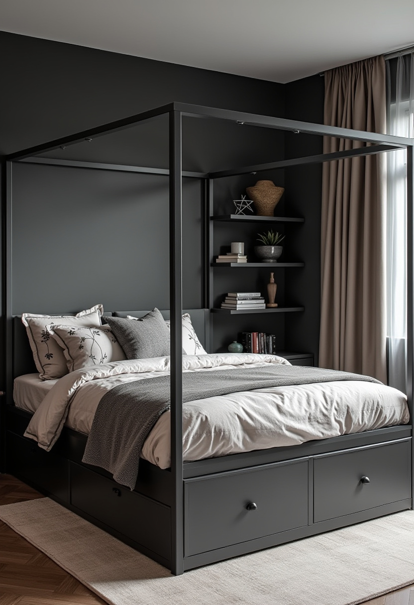 Create a cozy and stylish retreat with this dark gray four-poster bed dressed in plush white and gray bedding. Shelves filled with charming decor and soft natural light filtering through beige curtains add warmth and personality to the space. If you love modern cozy bedroom ideas with a touch of elegance, be sure to save this inspiring design for your next room refresh!
#CozyBedroom #FourPosterBed #ModernBedroomDecor #PlushBedding #NaturalLight