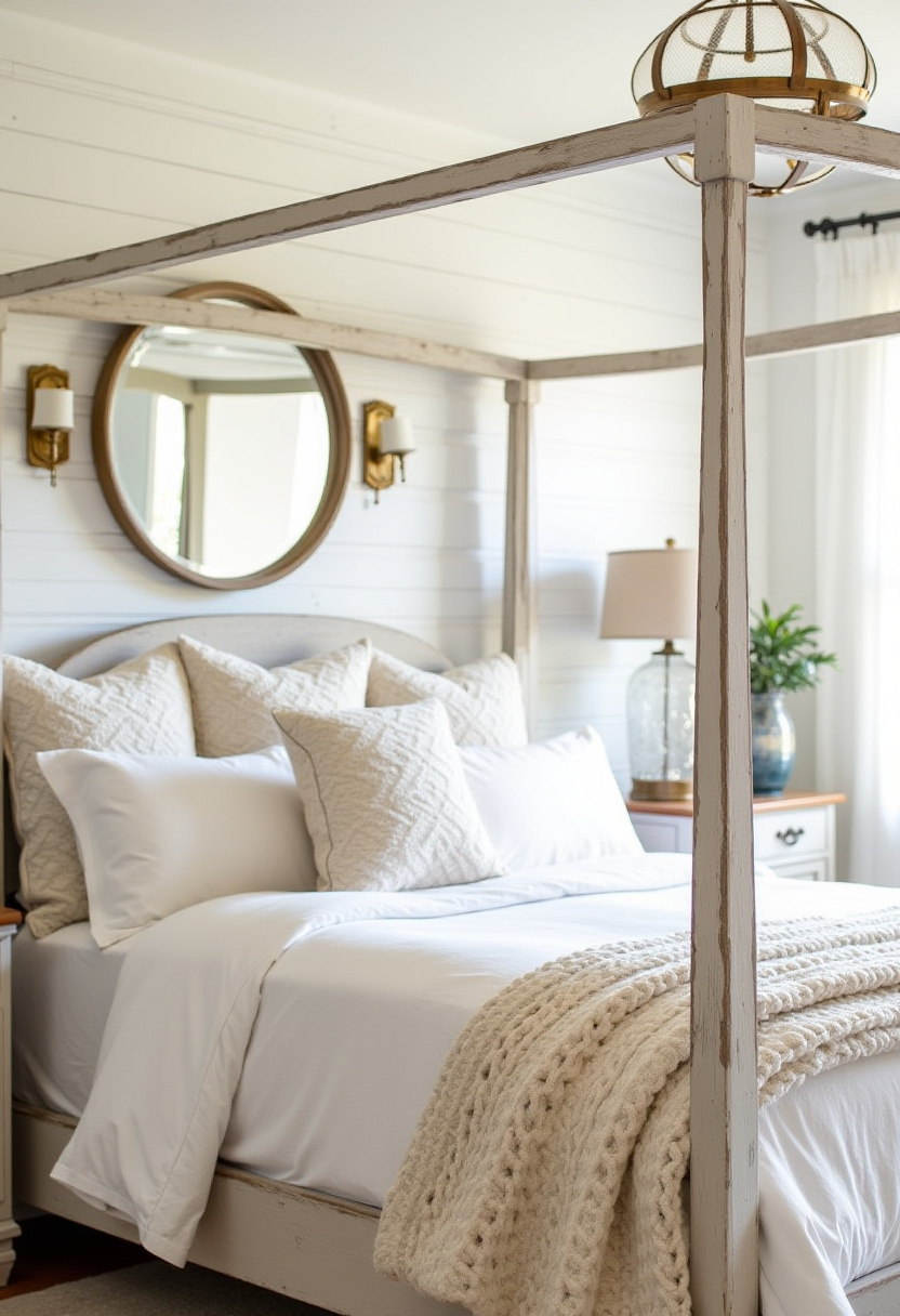 Create a warm and inviting space with this cozy bedroom featuring a rustic four-poster bed dressed in crisp white bedding and a soft knitted blanket. The round mirror and brass sconces on the paneled wall add timeless charm and a serene atmosphere perfect for restful nights. If you love rustic bedroom decor and cozy design ideas, save this beautiful look to inspire your next makeover!
#RusticBedroom #FourPosterBed #CozyBedroomDecor #SereneSpaces #TimelessDesign