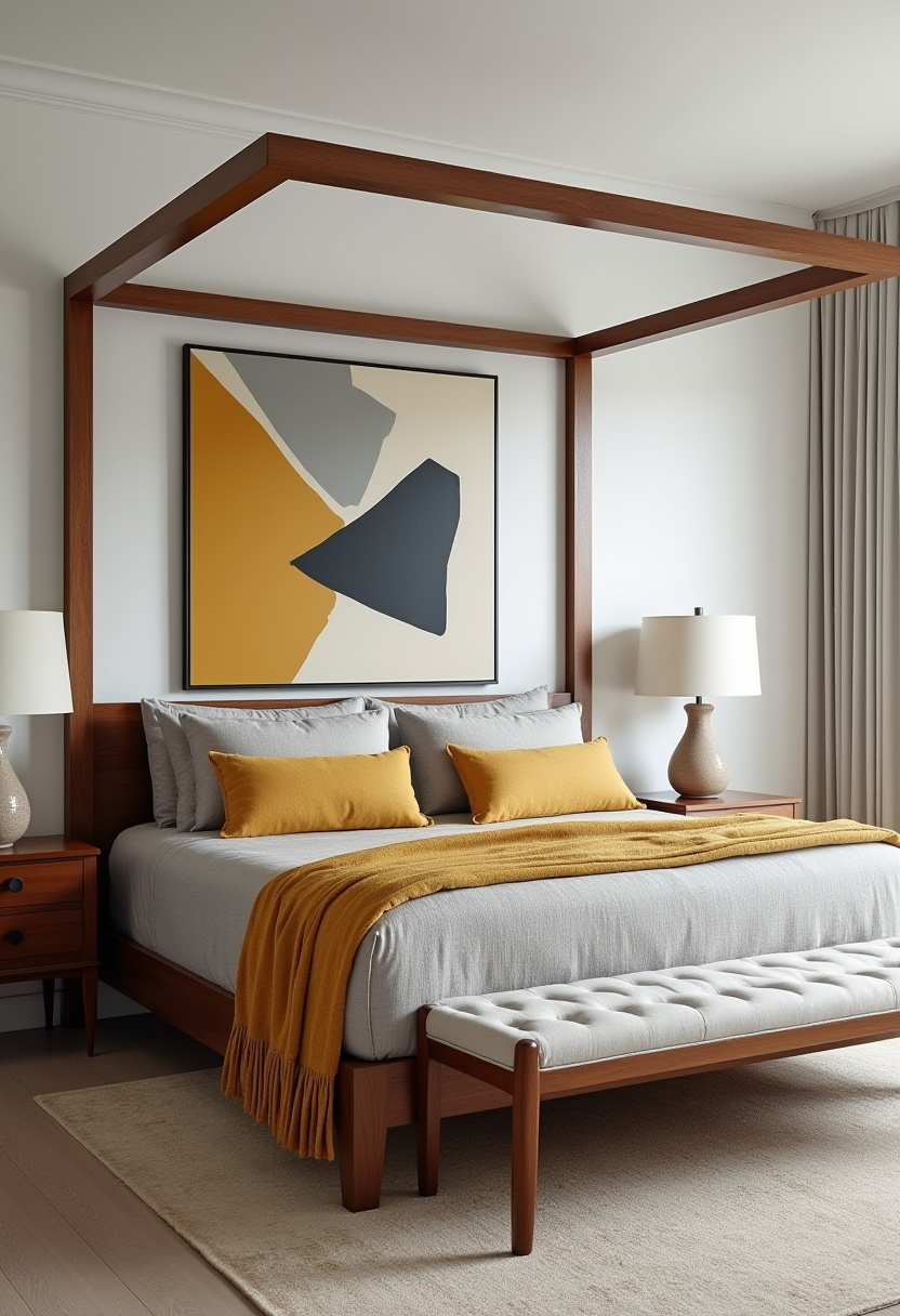 Elevate your space with this modern bedroom showcasing a wooden canopy bed dressed in sleek gray bedding and vibrant mustard pillows paired with a cozy throw. The abstract art above adds a stylish touch, creating a calm and contemporary ambiance perfect for modern bedroom inspiration. If you’re looking to refresh your room with trendy colors and clean design, save this chic setup for your next decor project!
#ModernBedroom #WoodenCanopyBed #StylishBedroomDecor #AbstractArt #CalmSpaces
