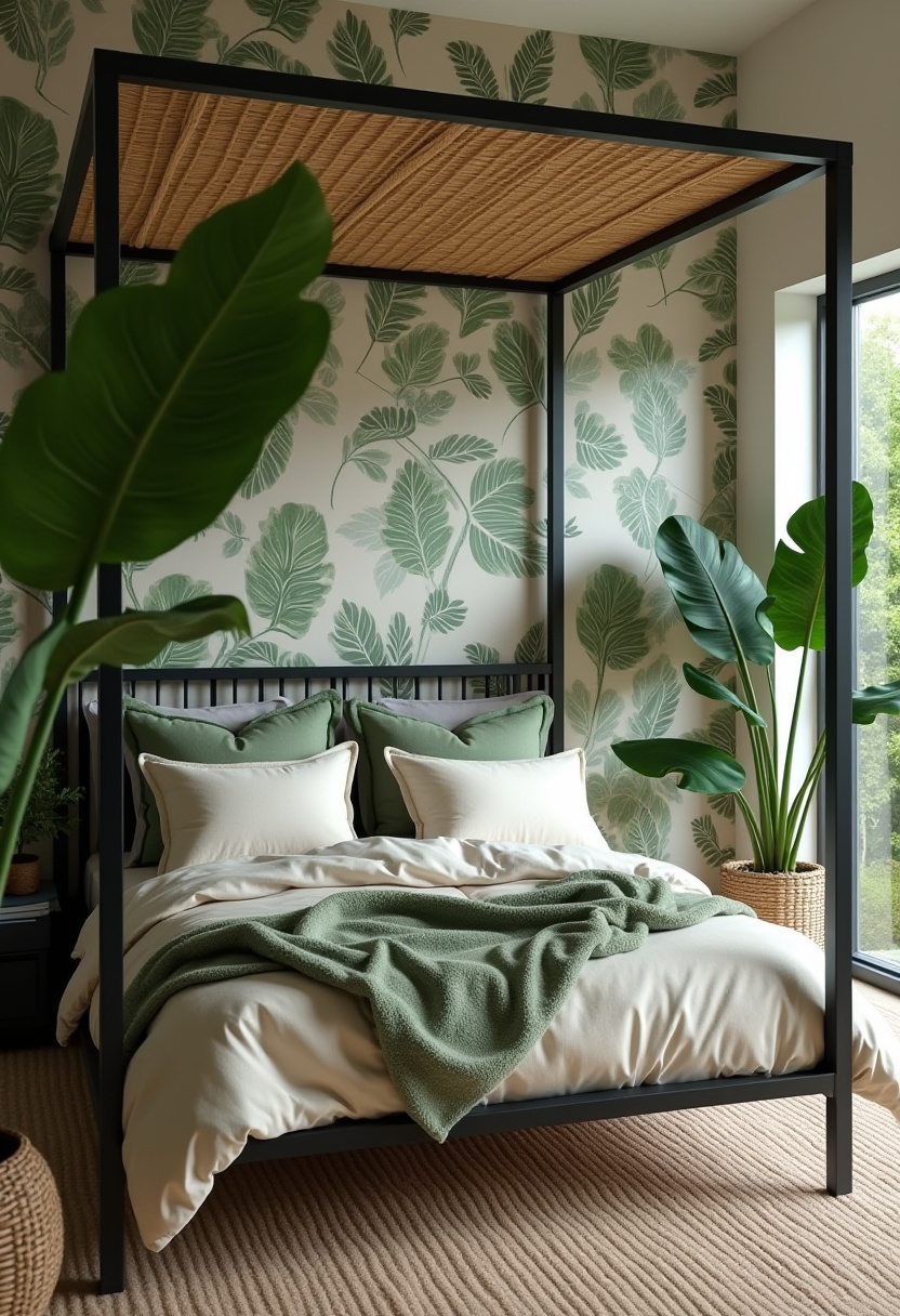 Transform your bedroom into a cozy tropical retreat with a charming canopy bed dressed in fresh green and white bedding. Leaf-patterned wallpaper and large potted plants bring vibrant nature-inspired vibes, creating a serene and relaxing atmosphere. If you’re dreaming of tropical bedroom ideas and calming decor, be sure to save this lush, cozy inspiration for your own peaceful sanctuary!
#CozyBedroom #TropicalBedroom #CanopyBed #LeafWallpaper #NatureInspiredDecor