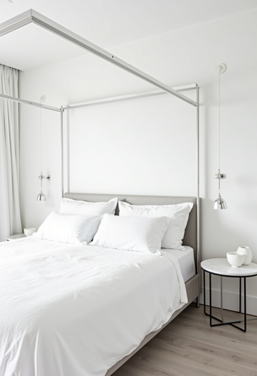 Experience the beauty of simplicity with this minimalistic bedroom featuring a white four-poster bed adorned with soft pillows and stylish pendant lights. A round side table completes the look, while the light color palette enhances the calm, serene atmosphere perfect for restful nights. If you love clean, modern bedroom ideas with a peaceful vibe, save this elegant design for your next home update!
#MinimalistBedroom #FourPosterBed #SereneSpaces #ModernBedroomDecor #CalmAtmosphere