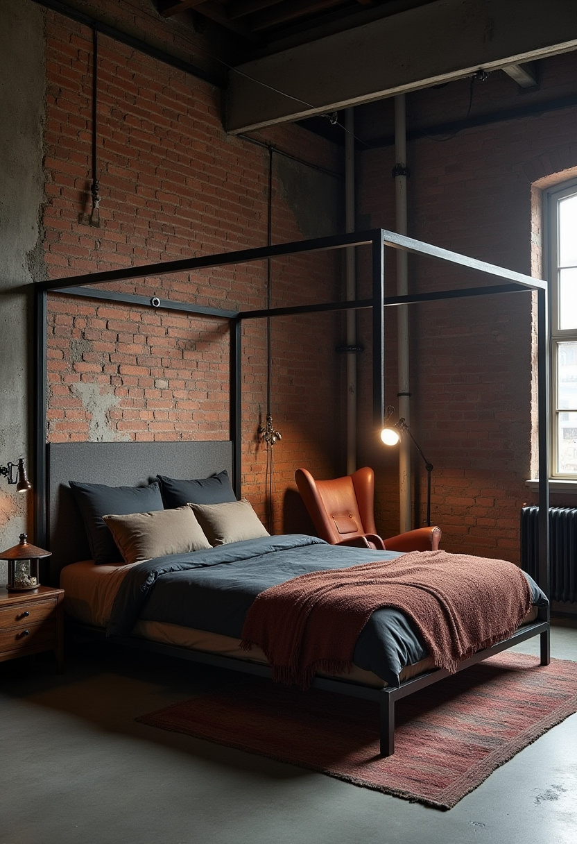 Bring industrial charm into your home with this cozy bedroom featuring exposed brick walls and a striking four-poster bed dressed in dark bedding and a rust-colored throw. The leather chair by the window adds a touch of rugged elegance, creating a warm and inviting ambiance perfect for modern industrial bedroom ideas. If you love bold, cozy spaces with character, save this inspiring design for your next makeover!
#IndustrialBedroom #ExposedBrick #FourPosterBed #CozyBedroomDecor #RusticChic