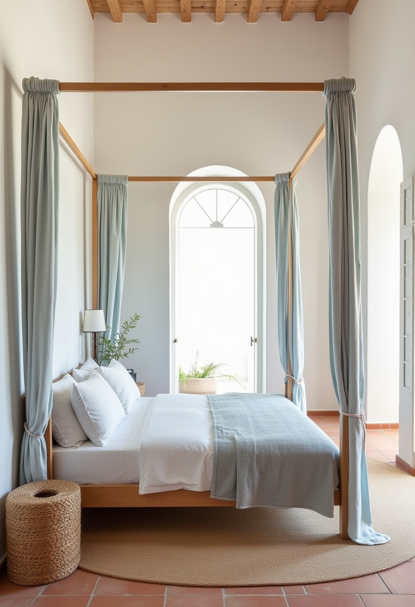 Create a tranquil retreat with this serene bedroom featuring a wooden canopy bed draped in soft light blue curtains. Paired with crisp white bedding, a vibrant potted plant, and gentle natural light, this space exudes calm and relaxation—perfect for anyone seeking peaceful bedroom ideas. If you’re inspired by soothing decor and natural elements, save this beautiful design for your next home refresh!
#SereneBedroom #WoodenCanopyBed #CalmingDecor #NaturalLight #PeacefulSpaces