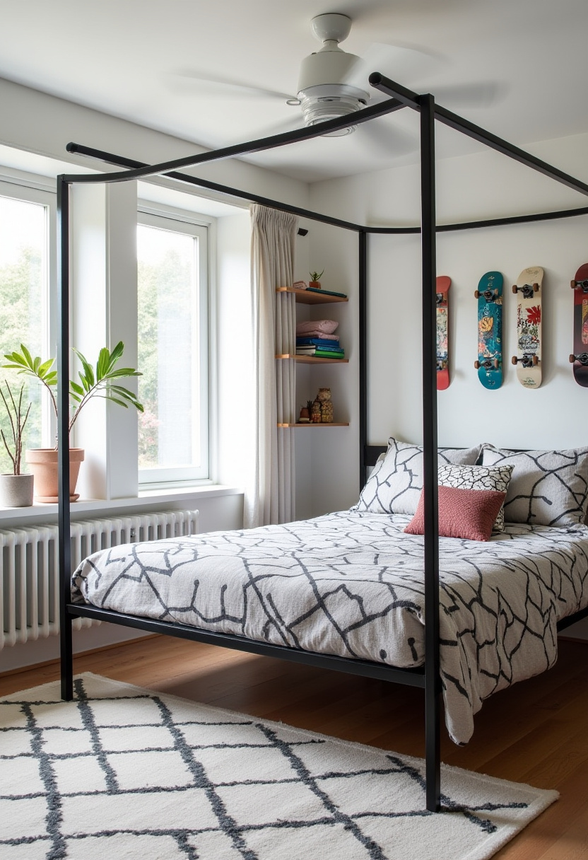 Make a bold statement with this modern bedroom featuring a sleek black canopy bed dressed in striking black and white geometric bedding. Unique skateboard wall decor adds personality, while a large window and lush plants bring in bright, fresh vibes perfect for contemporary urban living. If you love edgy bedroom ideas with a creative twist, save this inspiring design to refresh your space!
#ModernBedroom #CanopyBed #GeometricBedding #UrbanDecor #BrightSpaces