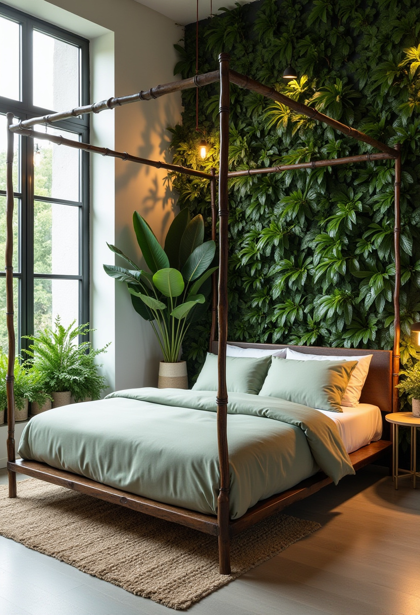 Create a peaceful oasis with this serene bedroom featuring a wooden canopy bed dressed in calming green bedding. The lush vertical garden wall and surrounding potted plants bring vibrant nature indoors, while soft lighting enhances the tranquil atmosphere. If you’re inspired by green bedroom decor and biophilic design, save this soothing space to transform your own retreat!
#SereneBedroom #WoodenCanopyBed #VerticalGarden #BiophilicDesign #CalmingSpaces
