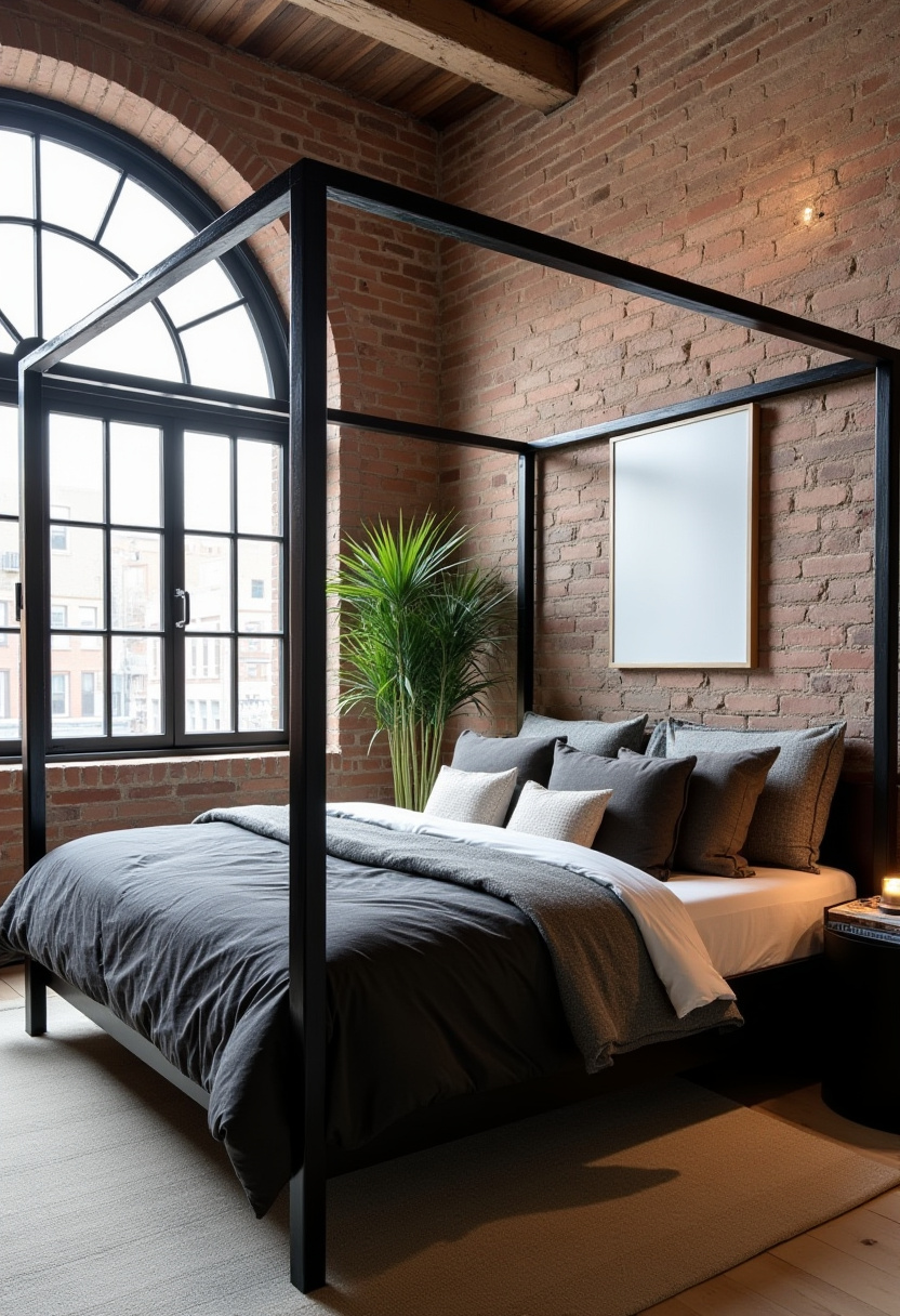 Elevate your space with this chic bedroom showcasing a stylish four-poster bed dressed in cozy gray bedding and a mix of plush pillows. The large arched window, exposed brick walls, and lush indoor plants create a serene, cozy atmosphere perfect for modern industrial or rustic bedroom inspiration. Looking for trendy bedroom decor ideas? Pin this stylish setup and bring effortless charm to your own retreat!
#ChicBedroom #FourPosterBed #BedroomDecorIdeas #CozySpaces #IndustrialStyle