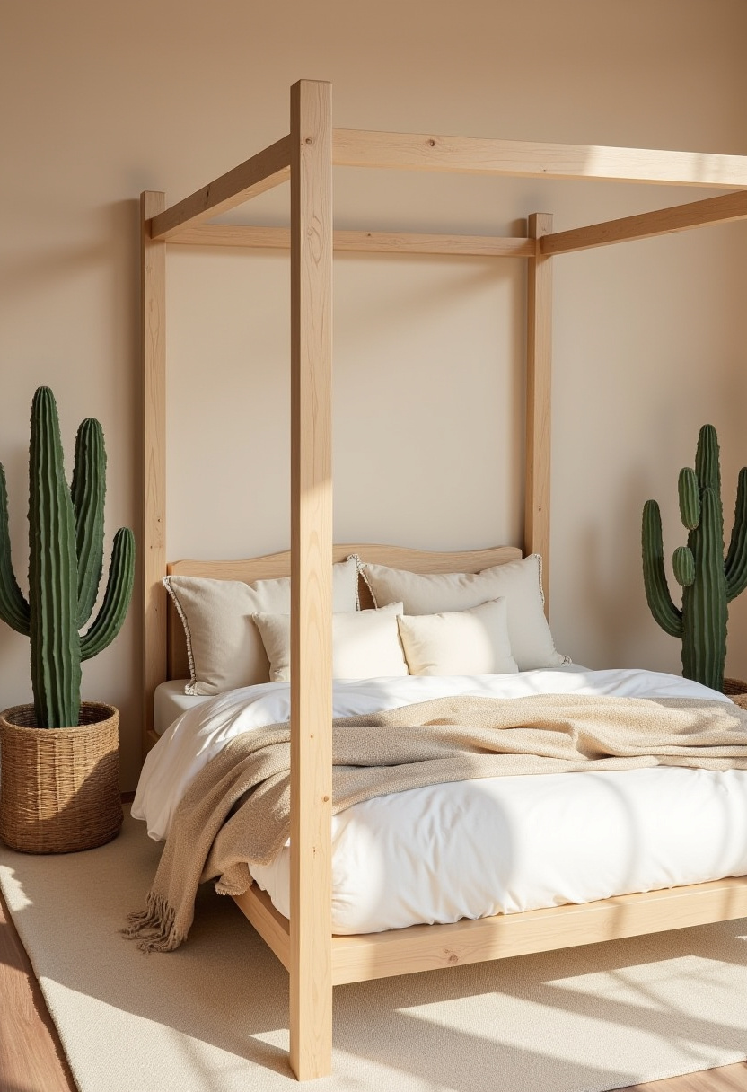 Create a peaceful minimalist retreat with this wooden canopy bed dressed in crisp white bedding and soft beige pillows. Flanked by two tall cacti in woven pots, the natural textures add a calming, serene vibe perfect for anyone who loves simple yet stylish bedroom decor. If you’re inspired by minimalist design and cozy greenery, save this tranquil space for your next room refresh!
#MinimalistBedroom #WoodenCanopyBed #SereneSpaces #CozyDecor #NaturalTextures