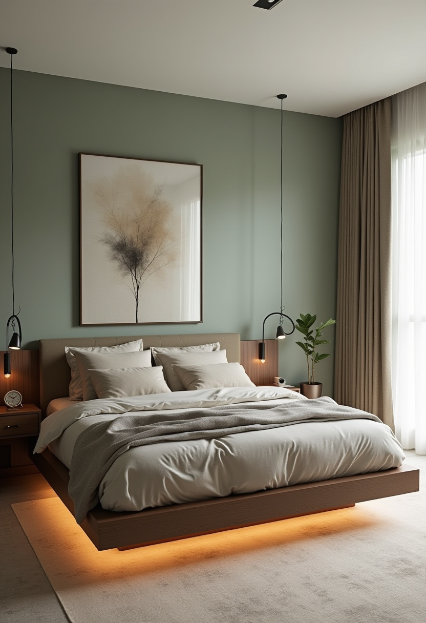 Discover the perfect blend of style and simplicity with this modern bedroom featuring a sleek floating wooden bed and soft beige bedding. Warm under-bed lighting creates a cozy ambiance, while the addition of a green plant and abstract art brings a touch of tranquility to the minimalist design. If you’re into modern bedroom ideas and calming decor, this space is a must-pin for your home inspiration board!
#ModernBedroom #MinimalistDesign #FloatingBed #CozyBedroom #TranquilSpaces