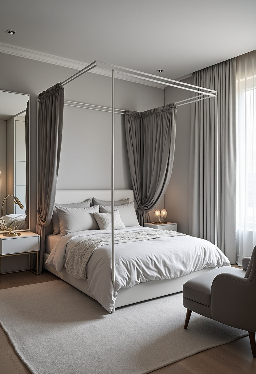 Step into elegance with this serene bedroom featuring a white four-poster bed dressed in soft gray bedding and matching curtains. Gentle lighting, a cozy armchair, and a stylish nightstand complete the peaceful ambiance, perfect for anyone looking to create a calm and inviting retreat. If elegant bedroom ideas and cozy decor inspire you, be sure to save this beautiful design for your next makeover!
#ElegantBedroom #FourPosterBed #CozyBedroomDecor #SereneSpaces #HomeDecorIdeas