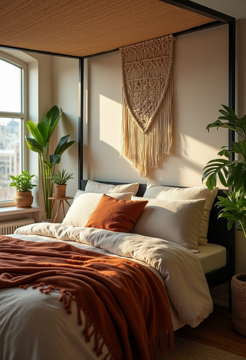 Create a cozy sanctuary with this beautiful bedroom featuring a charming canopy bed dressed in white and rust bedding. Sunlight floods the room, highlighting vibrant potted plants and a trendy macramé wall hanging that adds a boho touch. If you love cozy bedroom ideas with natural elements and warm colors, don’t forget to save this inspiring look for your own peaceful retreat!
#CozyBedroom #CanopyBed #BohoBedroomDecor #NaturalHomeDecor #SunlitSpaces