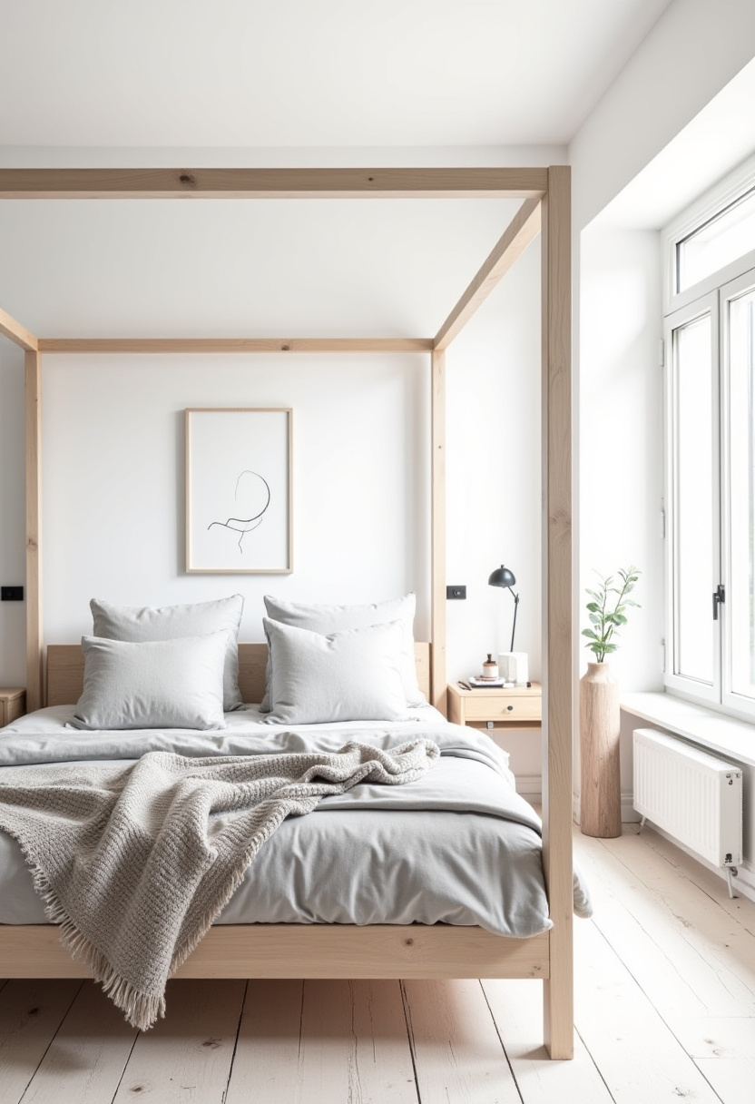 Embrace simplicity with this minimalist bedroom featuring a wooden canopy bed dressed in crisp white linens and a cozy beige knitted throw. Bright natural light fills the room, highlighting simple line art that adds subtle elegance without clutter. If you’re inspired by clean, calming bedroom decor and modern minimalist ideas, be sure to save this serene space for your next design refresh!
#MinimalistBedroom #WoodenCanopyBed #CozyThrows #NaturalLight #ModernBedroomDecor