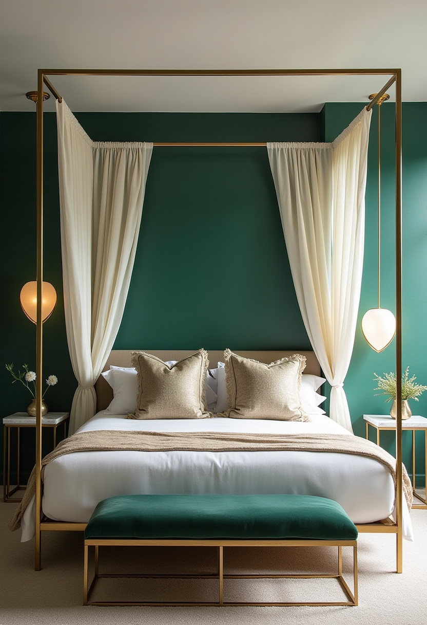 Step into luxury with this stunning bedroom featuring a rich green accent wall and a glamorous gold-framed canopy bed. Cream curtains and plush pillows add timeless elegance, while soft ambient lighting sets a serene and inviting mood. If you’re looking for elegant bedroom ideas with bold colors and sophisticated decor, save this inspiring design to elevate your space today!
#LuxuriousBedroom #GreenAccentWall #CanopyBed #ElegantBedroomDecor #SereneSpaces