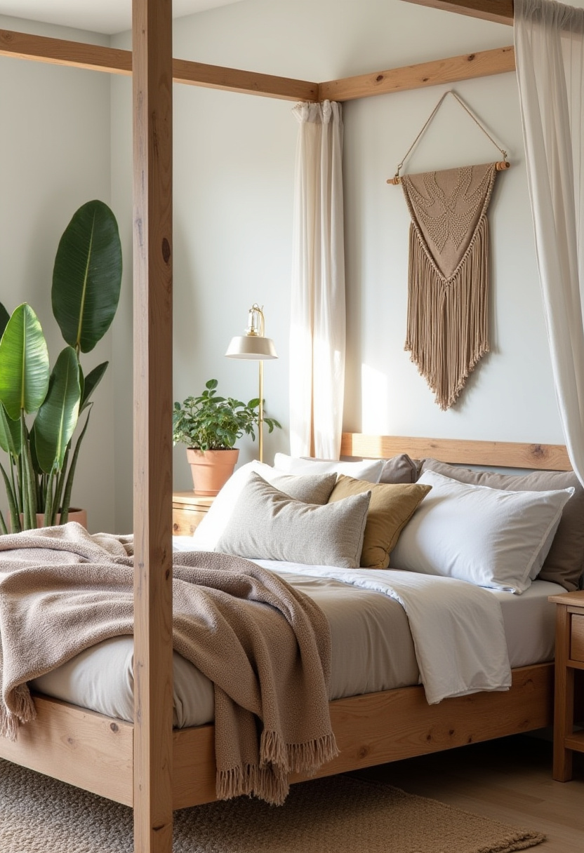 Transform your bedroom into a cozy haven with a wooden canopy bed dressed in soft beige bedding and pillows. Natural touches like a macramé wall hanging and lush potted plants, paired with warm, soft lighting, create a serene and inviting atmosphere perfect for relaxing evenings. If you love boho-chic bedroom ideas and calming decor, be sure to save this cozy inspiration for your own peaceful retreat!
#CozyBedroom #WoodenCanopyBed #BohoBedroomDecor #SereneSpaces #NaturalHomeDecor