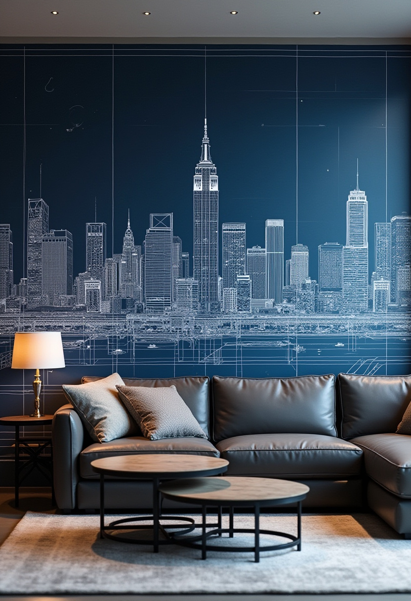 Elevate your modern living room with a sleek gray sofa paired perfectly with two round wooden tables and a warm, glowing lamp. The sophisticated cityscape blueprint mural adds a stylish urban edge, ideal for fans of modern home decor, urban interiors, and architectural wall art. Ready to bring chic sophistication to your space? Save this pin and start designing your dream living room today!
#ModernLivingRoom #UrbanDecor #CityscapeArt #HomeDecorIdeas #ArchitecturalDesign #CozyInteriors #InteriorInspo