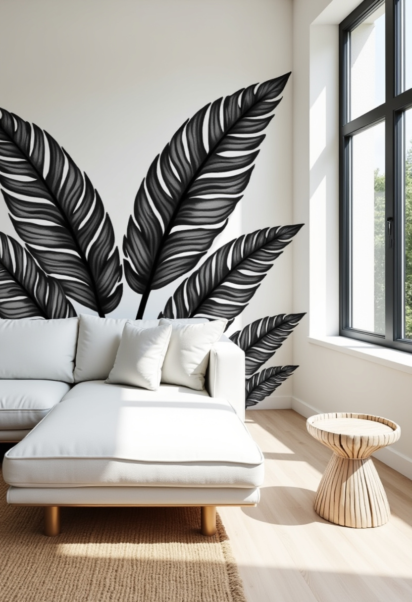 Refresh your space with this modern living room featuring a crisp white sectional sofa paired with soft cushions and a light wood side table for natural warmth. The bold black leaf mural adds artistic flair, while the large window floods the room with calming, airy light. Ideal for fans of modern home decor, minimalist interiors, and nature-inspired design. Inspired to create your own serene retreat? Save this pin and start your airy living room makeover today!
#ModernLivingRoom #MinimalistDecor #NatureInspired #HomeDecorIdeas #CalmSpaces #InteriorInspo #LeafMural