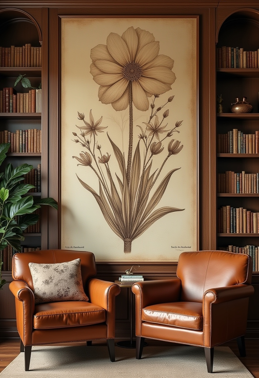 Step into a luxurious study where rich brown leather chairs and a sleek side table create the perfect spot for relaxation or work. The large botanical flower illustration adds a sophisticated natural touch, beautifully framed by bookshelves on either side. If you love luxury home offices, botanical art, and elegant interiors, this space offers timeless style and comfort. Ready to elevate your study? Save this pin and start designing your dream workspace today!
#LuxuryStudy #HomeOfficeDecor #BotanicalArt #LeatherChairs #ElegantInteriors #InteriorDesignIdeas #CozyWorkspace