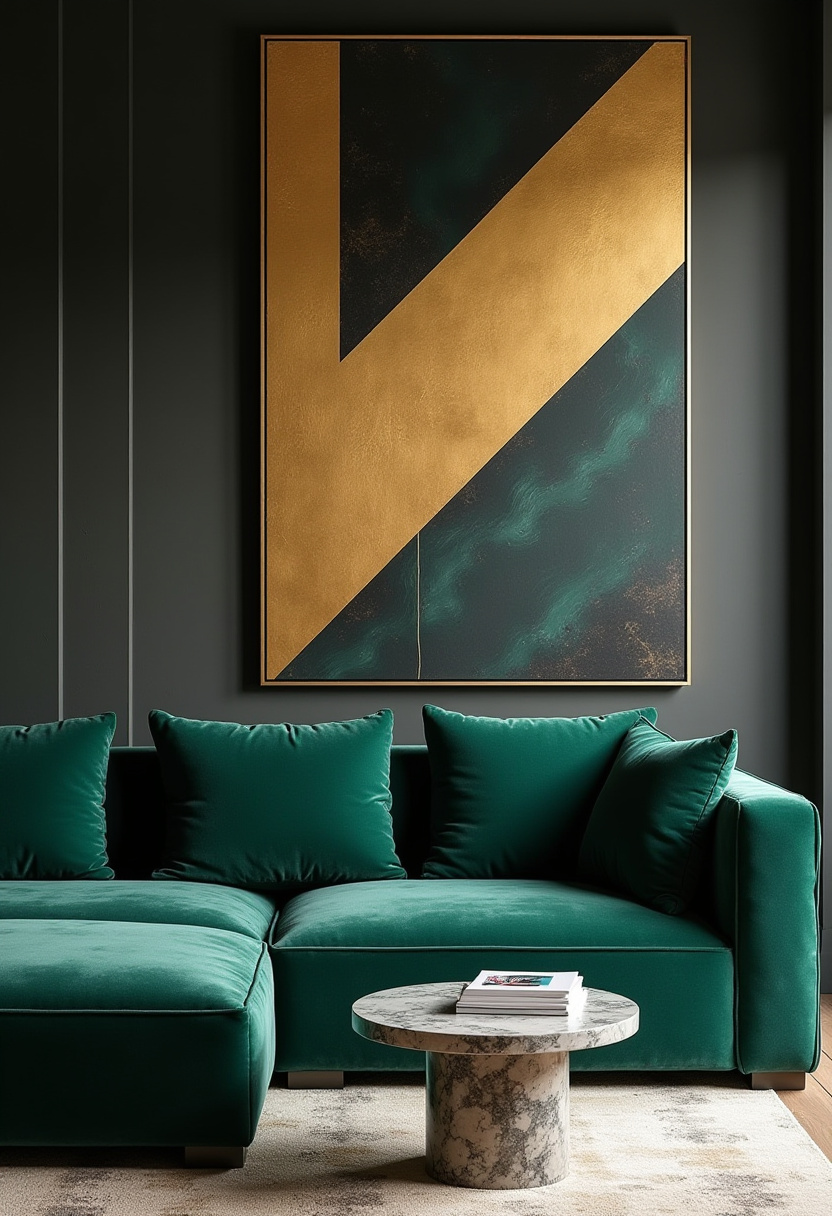 Make a bold statement with this modern living room featuring a luxurious emerald green sofa layered with plush cushions. The large abstract painting above, showcasing gold and dark green geometric patterns, adds artistic elegance, while the round marble coffee table with stacked books completes the sophisticated look. Perfect for lovers of modern home decor, bold color palettes, and elegant interiors. Inspired to elevate your space? Save this pin and start your chic living room makeover today!
#ModernLivingRoom #EmeraldGreenSofa #AbstractArt #ElegantInteriors #HomeDecorIdeas #BoldColors #LuxuryLiving