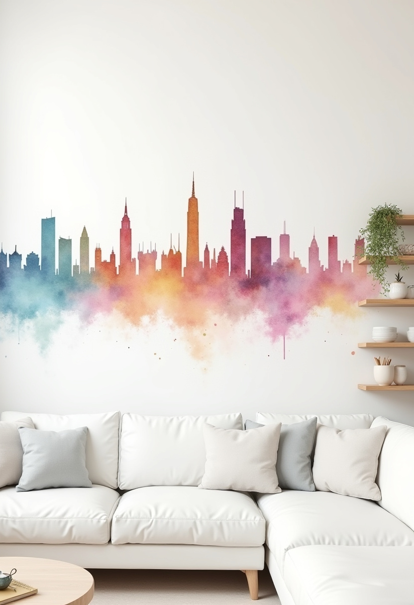 Bring color and calm into your space with this modern living room idea! A sleek white couch paired with pastel cushions sits beautifully against a vibrant watercolor city skyline mural, while floating shelves with potted plants add a cozy, natural touch. Perfect for anyone seeking modern apartment decor, colorful wall art inspiration, or small space living room ideas. Save this for your next home decor project—you’ll love the fresh, artistic vibe!
#ModernLivingRoom #ColorfulWallArt #ApartmentDecor #SmallSpaceInspo #HomeStyling #PastelDecor #InteriorInspiration