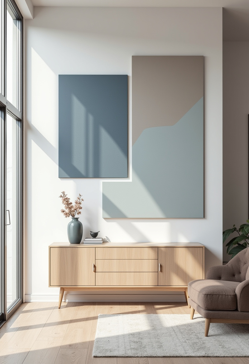 Create a serene and stylish living room with calming geometric paintings and a light wood console that perfectly complements minimalist decor. The gray vase with dried flowers and carefully placed books add a touch of natural elegance, while sunlight streaming through tall windows enhances the peaceful vibe. If you’re looking for minimalist living room ideas or modern home decor inspiration, this bright and airy space is sure to inspire your next design project. Ready to bring calm and beauty into your home? Save this look for your mood board!
#MinimalistLivingRoom #ModernHomeDecor #GeometricArt #InteriorInspo #SereneSpaces #NaturalDecor