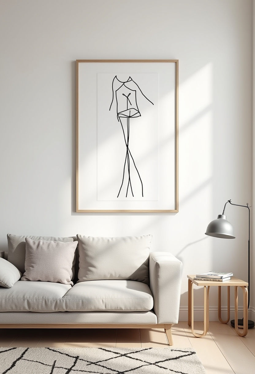 Elevate your space with this modern living room featuring minimalist decor and a striking line art drawing in a wooden frame above a sleek light gray sofa. The soft, natural light creates a calm and inviting atmosphere, perfect for fans of minimalist home decor and modern interior design. Looking to simplify your living room while adding artistic flair? Save this pin for effortless style inspiration!
#MinimalistLivingRoom #ModernDecor #LineArt #InteriorDesignIdeas #NaturalLight #HomeInspo
