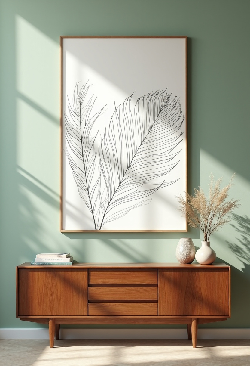 Elevate your home with this mid-century modern wooden console set against a calming pale green wall, beautifully accented by a large artwork featuring delicate linear leaf drawings. The minimalist touch of two elegant vases and carefully arranged books brings balance and simplicity to the space. If you love mid-century modern decor, minimalist interiors, or botanical wall art, this look offers timeless style and serene vibes. Ready to refresh your room? Save this pin and start creating your perfect modern sanctuary!
#MidCenturyModern #MinimalistDecor #BotanicalArt #HomeDecorIdeas #InteriorInspo #ModernLiving #SereneSpaces