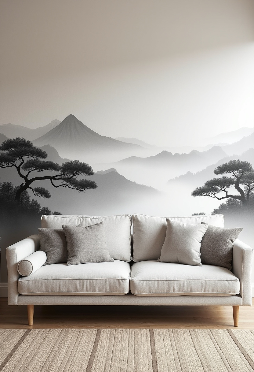 Transform your space with this minimalist living room featuring a crisp white sofa adorned with soft gray cushions. The serene black-and-white mural of misty mountains and trees creates a peaceful, calming backdrop perfect for those who appreciate minimalist home decor and nature-inspired interiors. Looking to bring tranquility and style into your living room? Save this pin for effortless, serene design inspiration!
#MinimalistLivingRoom #NatureInspiredDecor #BlackAndWhiteArt #HomeDecorIdeas #SereneSpaces #ModernInteriors