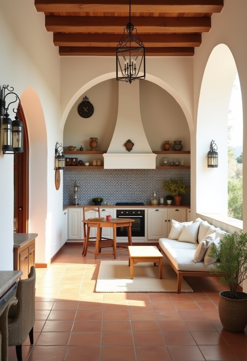 Dreaming of a sun-drenched Mediterranean escape at home? This stunning kitchen features arched openings, exposed wooden beams, and classic terracotta tiles, creating an airy, timeless feel. White cabinetry, cozy cushioned seating, and rustic decor add charm and comfort to this beautifully curated space. Pin this for effortless Mediterranean kitchen inspiration!
#MediterraneanKitchen #TerracottaTiles #RusticDecor #WhiteCabinetry #WoodBeams #ArchedDoorways #SunnyKitchenInspo