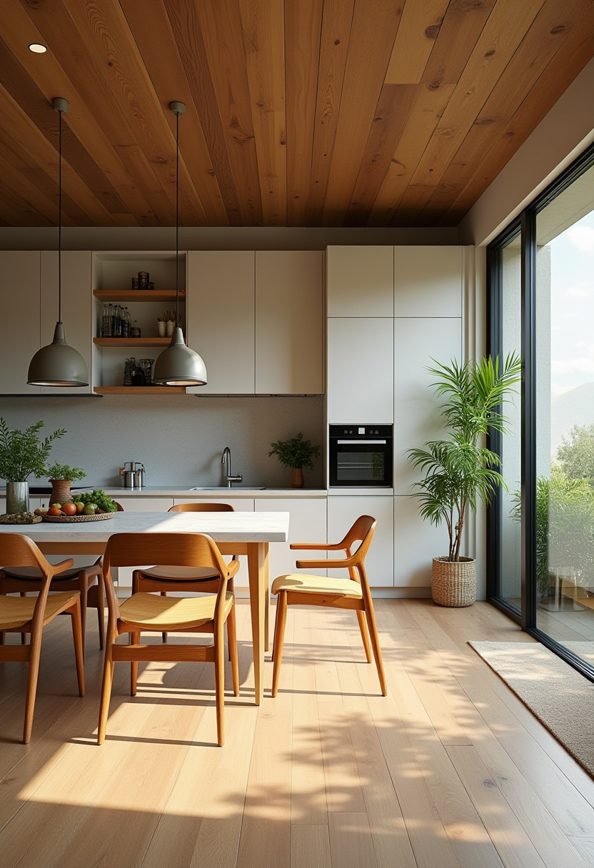 Love clean lines and natural warmth? This modern kitchen features a seamless blend of wooden ceiling and floors, sleek white cabinets, and a light wood dining set that keeps the space airy and inviting. A large window with a potted plant adds a fresh, organic touch—perfect for fans of minimalistic decor and modern Scandinavian style. Save this serene setup for your kitchen design mood board!
#ModernKitchen #MinimalistDesign #ScandinavianStyle #WoodAndWhiteInteriors #NaturalLightKitchen #CleanKitchenAesthetic #InteriorInspo