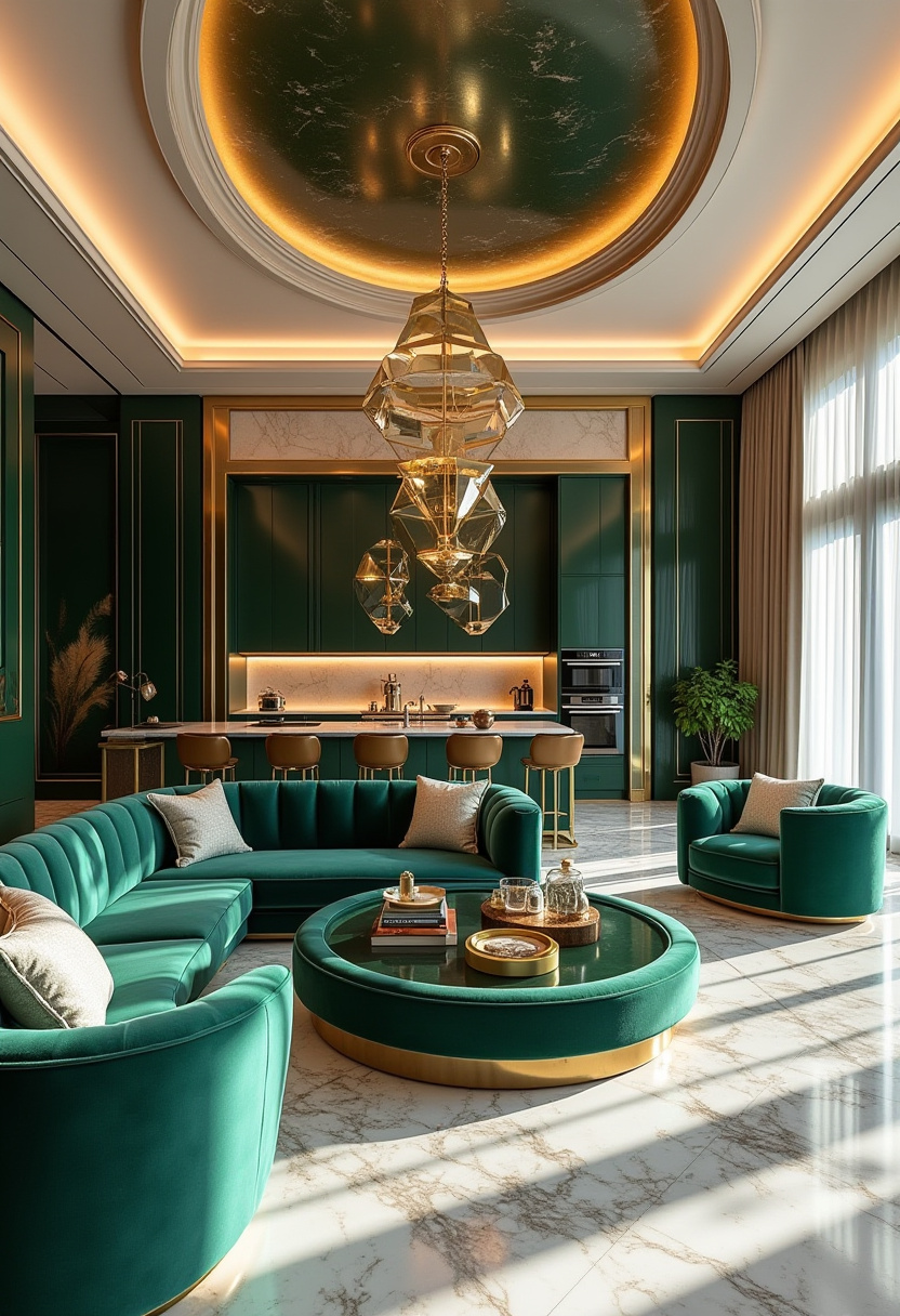 Craving a bold, sophisticated living space? This luxurious living room stuns with emerald green velvet sofas, a glossy marble floor, and a striking geometric chandelier—all flowing seamlessly into a sleek modern kitchen. The rich textures and ambient lighting create a cozy yet elegant atmosphere, perfect for upscale interior lovers. Pin this for your luxury home inspiration!
#LuxuryLivingRoom #EmeraldGreenDecor #VelvetSofaStyle #ModernLuxuryInteriors #MarbleFlooring #ChicHomeDesign #ElegantHomeInspo