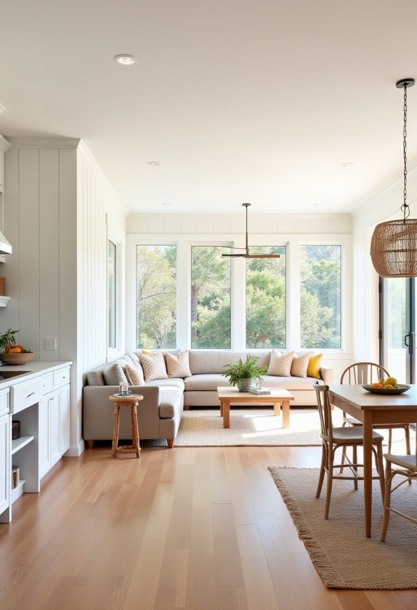 Love bright, nature-filled interiors? This serene living room is flooded with natural light from large windows that frame lush greenery, creating a peaceful indoor-outdoor vibe. A beige sectional sofa, wooden coffee table, and adjoining dining area complete the cozy, open-concept space—perfect for fans of minimal, airy home design. Pin now for effortless living room inspiration!
#BrightLivingRoom #NaturalLightInteriors #BeigeSofaStyle #ScandinavianDecor #OpenConceptLiving #SereneHomeVibes #LivingRoomInspo